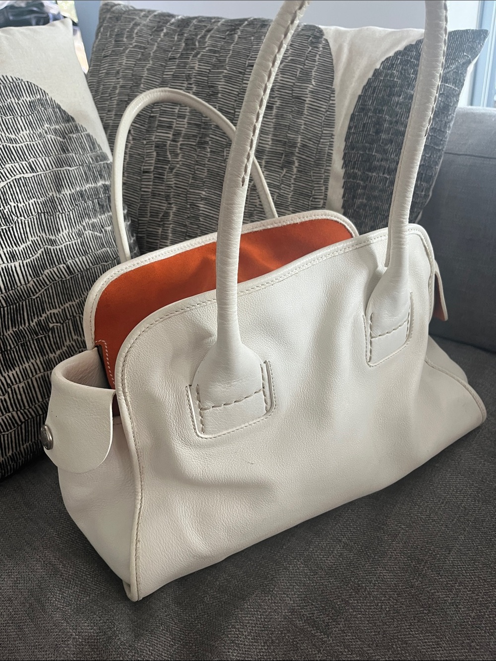 HOGAN Leather Tote Bag with silk stripe interior & orange suede zipper closure